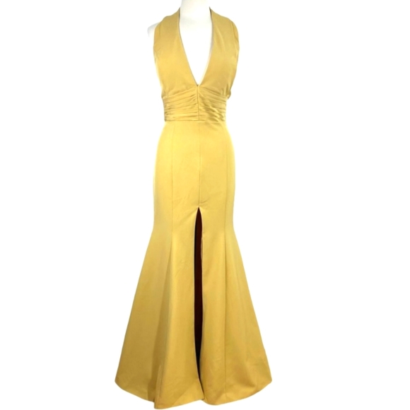 💛 TS COUTURE Gold Formal Halter Mermaid Flare Gown - Picture 5 of 6